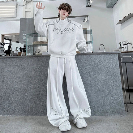 LUZHEN Fashion Street Two-piece Sets Men's Zipper Shoulder Design Long Sleeve Sweatshirt 2025 Autumn Loose Wide Leg Pants JY3912 PlatiNum
