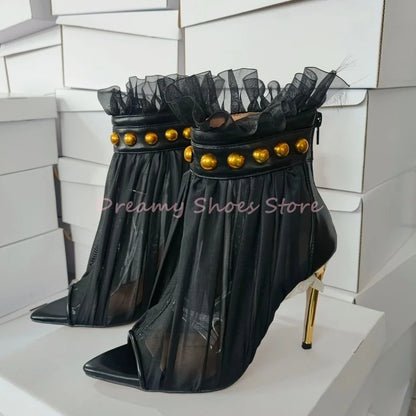 Black Mesh Gold Rivet Stiletto Ankle Boots Women Open Toe Pointed Back Zipper High Heels Sexy Fashion Party Prom Short Boots New