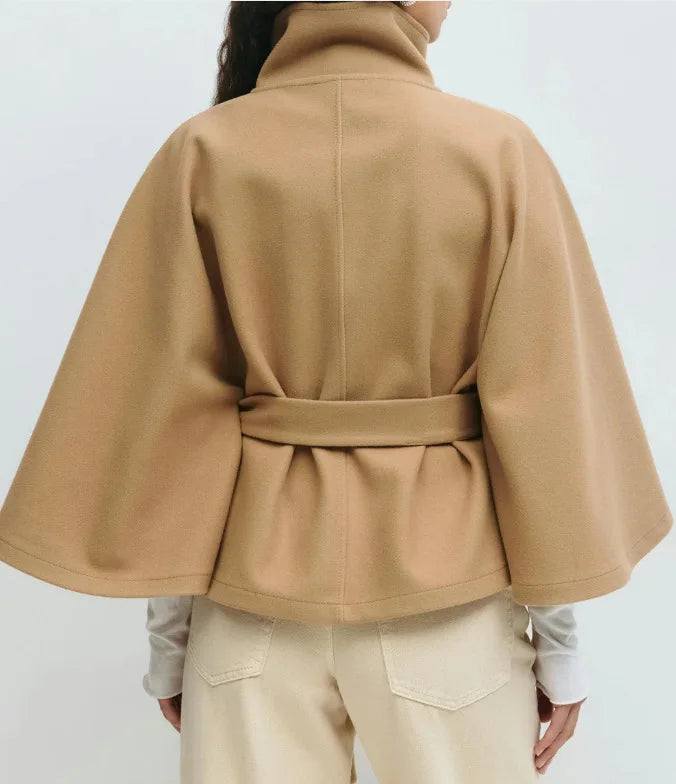 Women Batwing Sleeve Woolen Belted Eclipse Jacket Solid Stand Collar Single Breasted Lace Up Coat Fall Winter Chic Outerwear