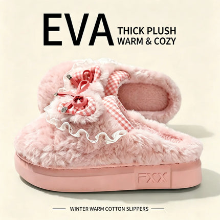 Kawaii Winter Warm Cotton Slippers Women Plaid Bowknot Lace Ruffle Plush Thick Platform Non-Slip Indoor Casual Shoes