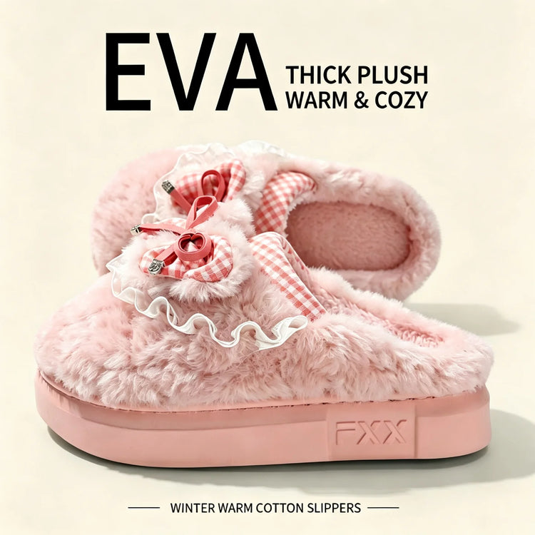 Kawaii Winter Warm Cotton Slippers Women Plaid Bowknot Lace Ruffle Plush Thick Platform Non-Slip Indoor Casual Shoes