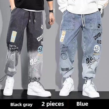 Men's Distressed Denim Pants Cuffed, Artistic Gradient Harem Jeans, Oversized Hip Hop Trousers for Spring Fall Versatile Outfits PlatiNum