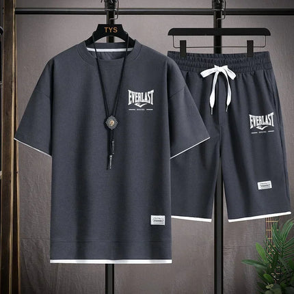 Men's Summer Outfit High Quality Round Neck Men's T-shirt 2-Piece Shorts Set Quick Dry Running Leisure.