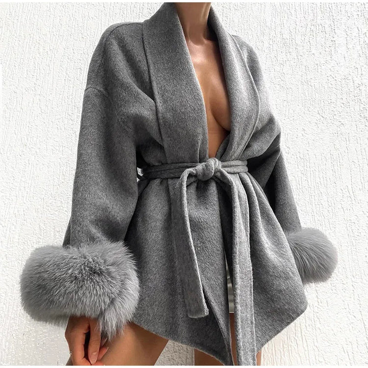 Elegant Lace Up Woolen Short Coat Solid Loose Lapel Furry Long Sleeve Belt Waist Jacket 2026 Spring Autumn Lady Chic Cardigan