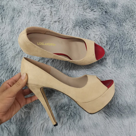 2025 Women Pumps New Fashion 14cm Sexy Peep Toe High Heels Velvet Platform Thin Heel Lady Party Dance Red Wedding Woman Shoes