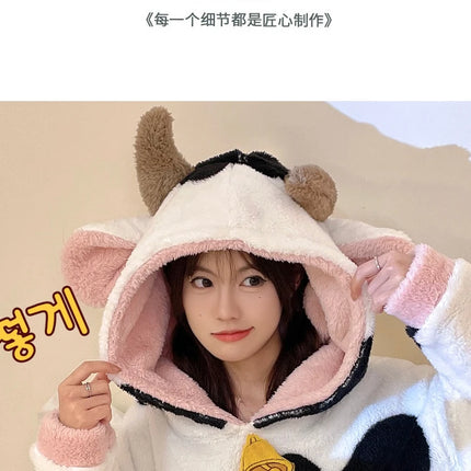 Women Onesie Kigurumis Cow Pajamas Adult Female Winter Sleepwear Zipper Hooded  Jumpsuits Thick Soft Warm Fleece Pijama Mujer