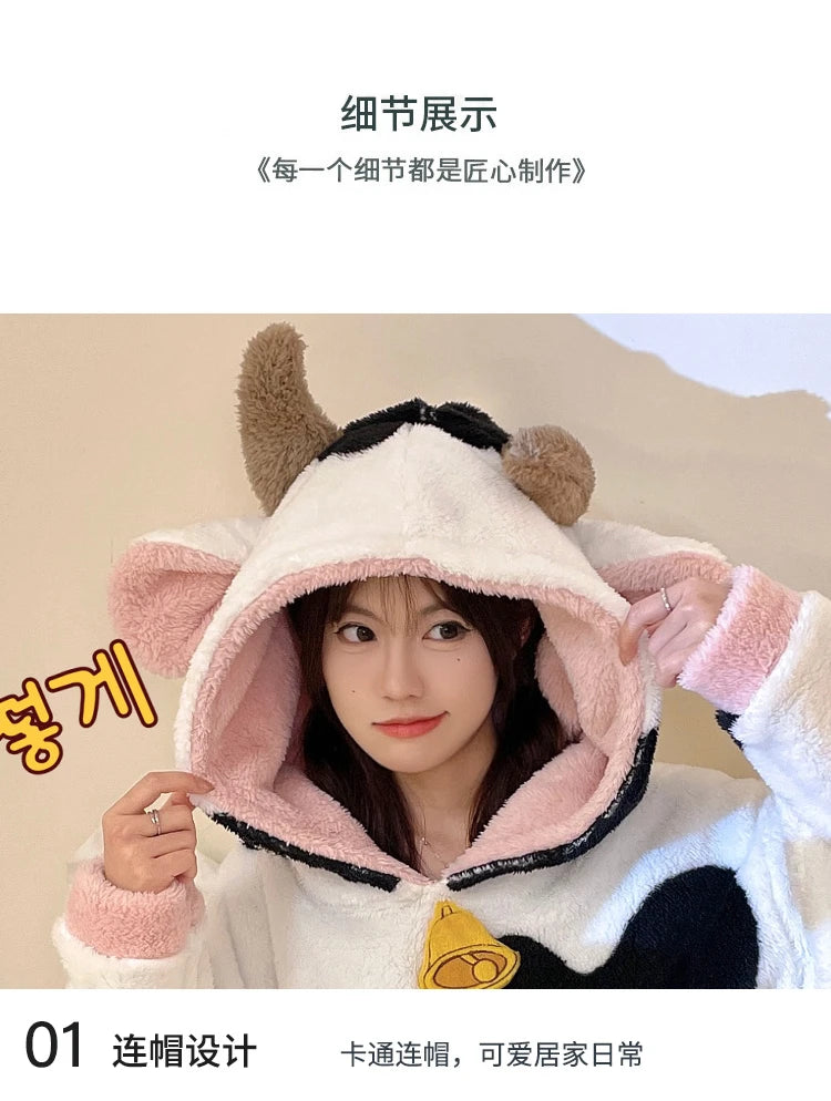Women Onesie Kigurumis Cow Pajamas Adult Female Winter Sleepwear Zipper Hooded  Jumpsuits Thick Soft Warm Fleece Pijama Mujer