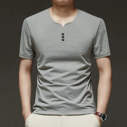 2025 New Men's Business Casual Three Button V-neck Short Sleeved T-shirt Korean Style Summer Comfortable Versatile Top PlatiNum