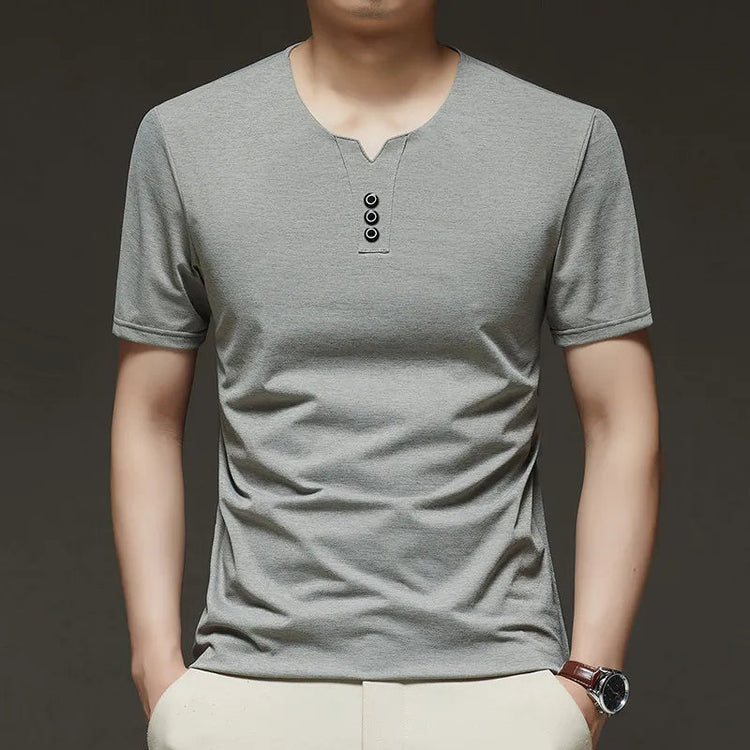 2025 New Men's Business Casual Three Button V-neck Short Sleeved T-shirt Korean Style Summer Comfortable Versatile Top PlatiNum
