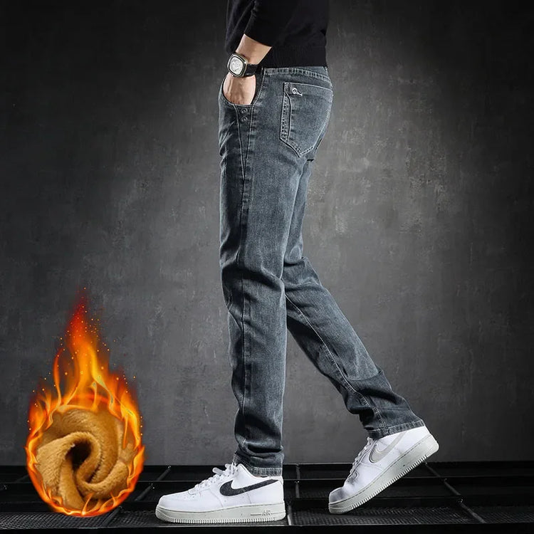 Men's Winter Warm Fleece Lined Jeans Washed Cotton Slightly Stretch Slim Fit Casual Grey Denim Pants Daily Versatile Trousers