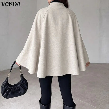 VONDA Autumn Women Capes Elegant Stand Collar Thin Cape Coat Solid Button Poncho OL Work Tops Office Streetwear Party Jackets