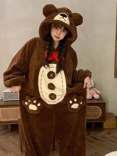 Women Cartoon Brown Bear Onesie Pajamas Winter Thick Flannel Hooded Sleepwear Cute Animal Cosplay Homewear Warm Loungewear
