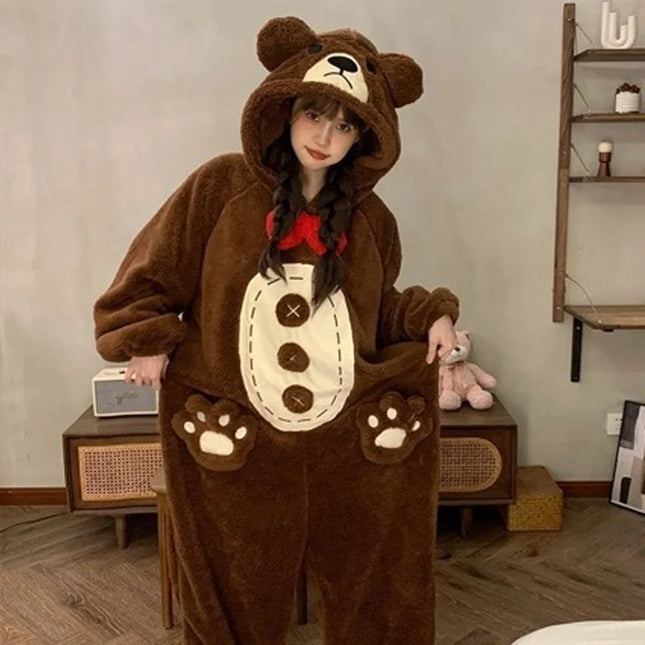Women Cartoon Brown Bear Onesie Pajamas Winter Thick Flannel Hooded Sleepwear Cute Animal Cosplay Homewear Warm Loungewear