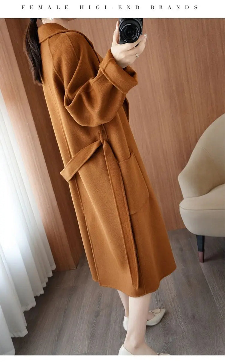 100% Wool Coat Women's Wear 2026 Autumn/Winter Fashion Temperament Double sided Cashmere Coats with Belt Elegant Long Overcoat