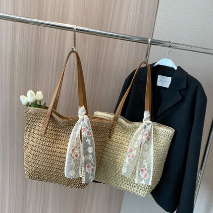 Large Capacity Summer Tote Bag, Women's Hand-Woven Shoulder Bag, Fresh Rural Style