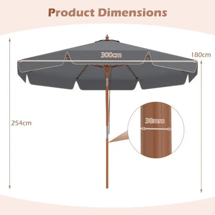 Ombrellone da Giardino in Legno da 300 cm con Meccanismo a Carrucola e Inclinazione, Parasole da Spiaggia/Giardino in Poliestere ad Alta Densità con Tetto Ventilato