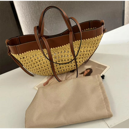 Women's 2-in-1 Woven Straw Bag Underarm Straw Bag with Adjustable Strap Large Capacity Dumpling Shoulder Bag for Summer Beach Bucket Bag