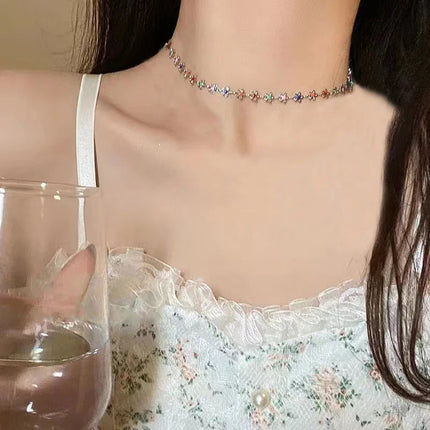 Fashion Enamel Colorful Little flower Choker Necklace For Women Girls Vacation With Jewelry Accessories PlatiNum