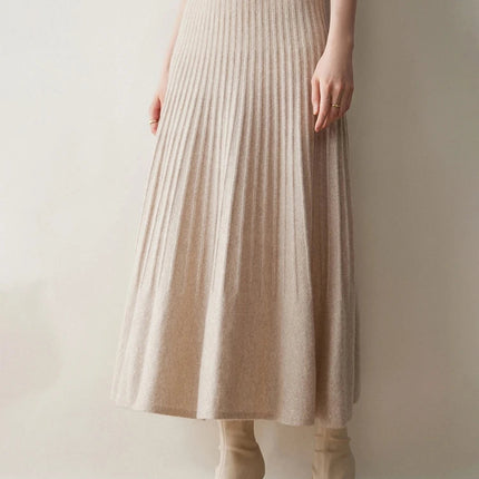 New Arrivals Women Cashmere A-line Skirt Elastic Waist Pleated Skirt 100% Cashmere Knitted Autumn Winter Thin Office Lady Dress PlatiNum