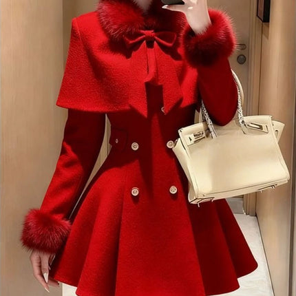 French Elegant Vintage Woolen 2 Piece Set Women Faux Fur Collar Cape + Fit Chic Dress New Winter A-Line Retro Party Outfits 2025