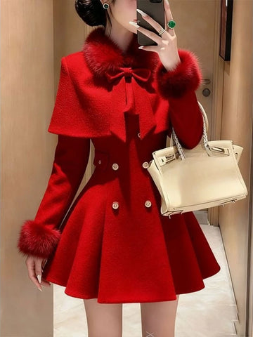 French Elegant Vintage Woolen 2 Piece Set Women Faux Fur Collar Cape + Fit Chic Dress New Winter A-Line Retro Party Outfits 2025