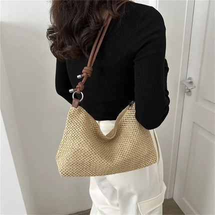 Sac de plage d'été pour femme en paille, sac à main tressé tendance, sac en rotin tissé à la main, sac de plage d'été grande capacité pour femmes et filles