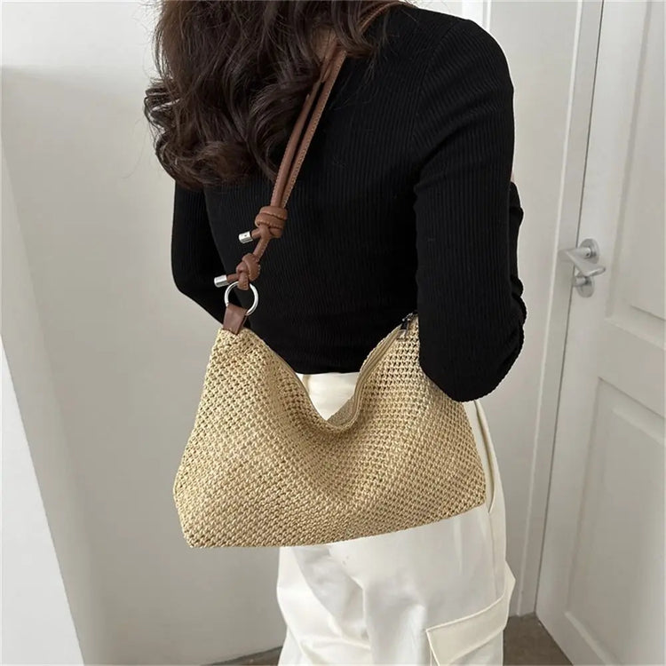 Borsa estiva da donna in paglia Borsa intrecciata alla moda Borsa in rattan intrecciata fatta a mano Borsa da spiaggia estiva di grande capacità per donne e ragazze