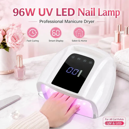 96W Wireless UV LED Nail Dryer, Rechargeable Nail Lamp with Metal Base, Portable Cordless Manicure Curing Light for Gel Polish