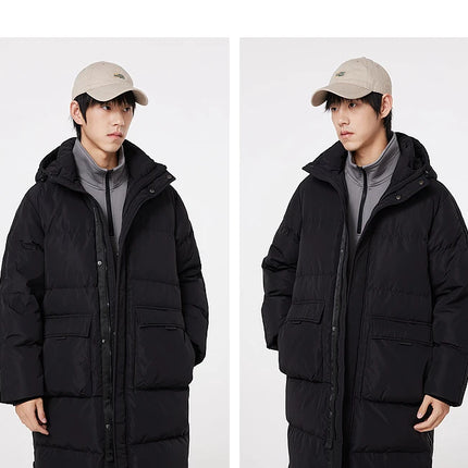 Metersbonwe Men's Long Hooded Down Jacket  Male Stand Collar Jacket with Hem Side Zipper Letter Printing Duck Down Padded Brand