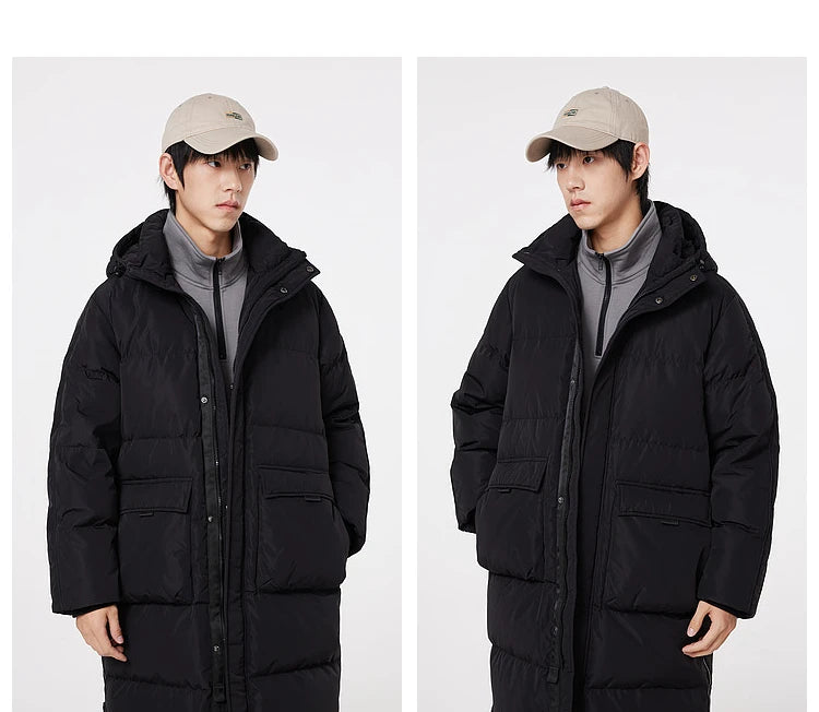 Metersbonwe Men's Long Hooded Down Jacket  Male Stand Collar Jacket with Hem Side Zipper Letter Printing Duck Down Padded Brand