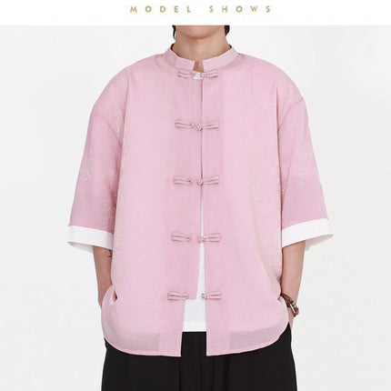 Camicia da Uomo di Lusso con Sfumature Colorate, Jacquard a Maniche Corte, Stile Cinese Tradizionale, Fresca per l'Estate, in Seta Ghiaccio