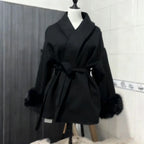 Women's Woolen Coat with Faux Fur Cuffs Belted Waist Short Autumn Winter Wrap Jacket
