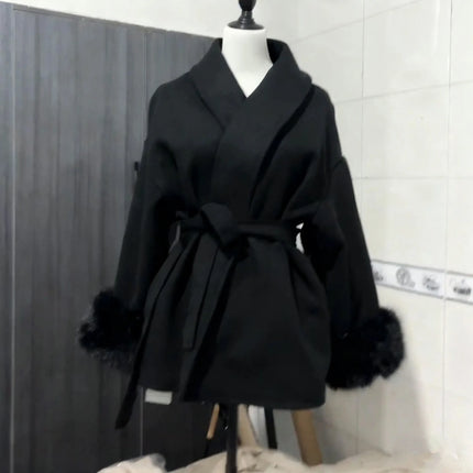 Women's Woolen Coat with Faux Fur Cuffs Belted Waist Short Autumn Winter Wrap Jacket