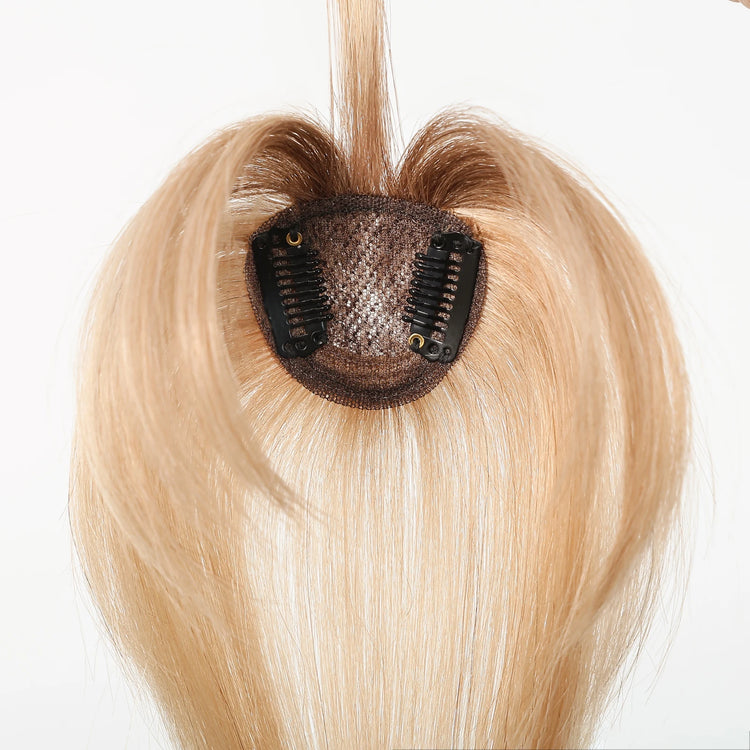 Ombre Light Blonde Real Human Hair Toppers with Swiss Lace Base Hair 3D Air Bangs 10inch Human Hair Topper for Women Hair Loss