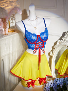 Ellolace Halloween Women's Lingerie Sets Snow White Princess Cosplay Bra Thong Skirt 3PC Leg Circles Dopamine Roleplay Costume