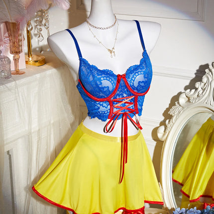 Ellolace Halloween Women's Lingerie Sets Snow White Princess Cosplay Bra Thong Skirt 3PC Leg Circles Dopamine Roleplay Costume
