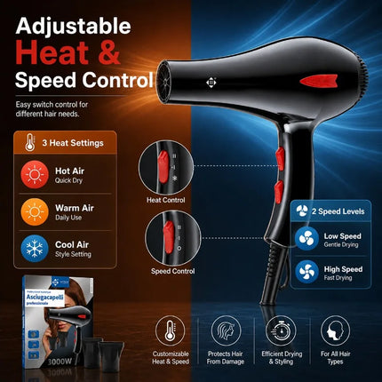 Professional 3000W Hair Dryer 100‑240V Dual Voltage Blow Dryer Adjustable Heat Speed With Nozzles For Home Salon Travel Hair Styling