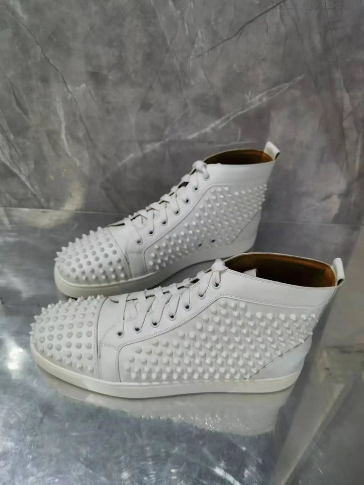 Black Studded Leather Rivets High-Top Sneakers Classic Designer Style Round Toe Men's Sports Shoes Comfort Lace-Up Casual Shoes