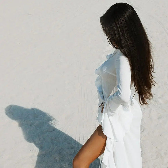 Copricostume estivo da spiaggia con scollo a V, bikini ampio con volant, protezione solare, grembiule, costume da bagno, manica lunga, copricostume per donna platinumshop