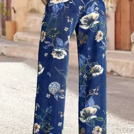 Jeans da donna con stampa Pantaloni a gamba larga Tasche a vita alta a tutta lunghezza Pantaloni dritti lavati in denim effetto consumato Casual invecchiato