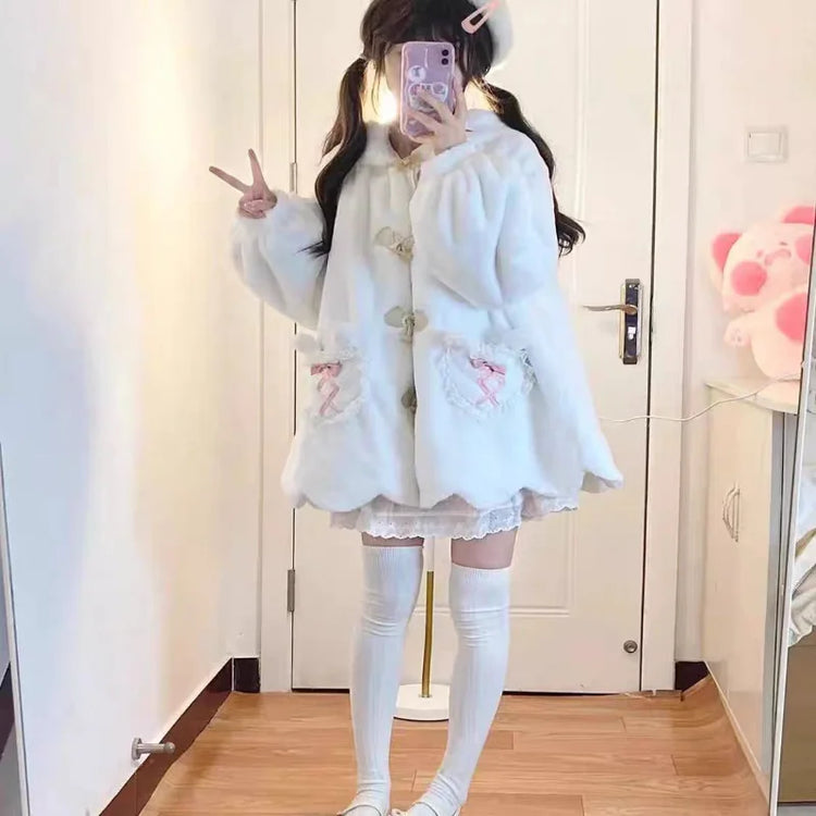 Kawaii Winter Clothes Cute Coats Women Rabbit Cosplay Costume Ears Hooded Lamb Wool Lolita Outwear Y2K Thicked Cartoon Jackets
