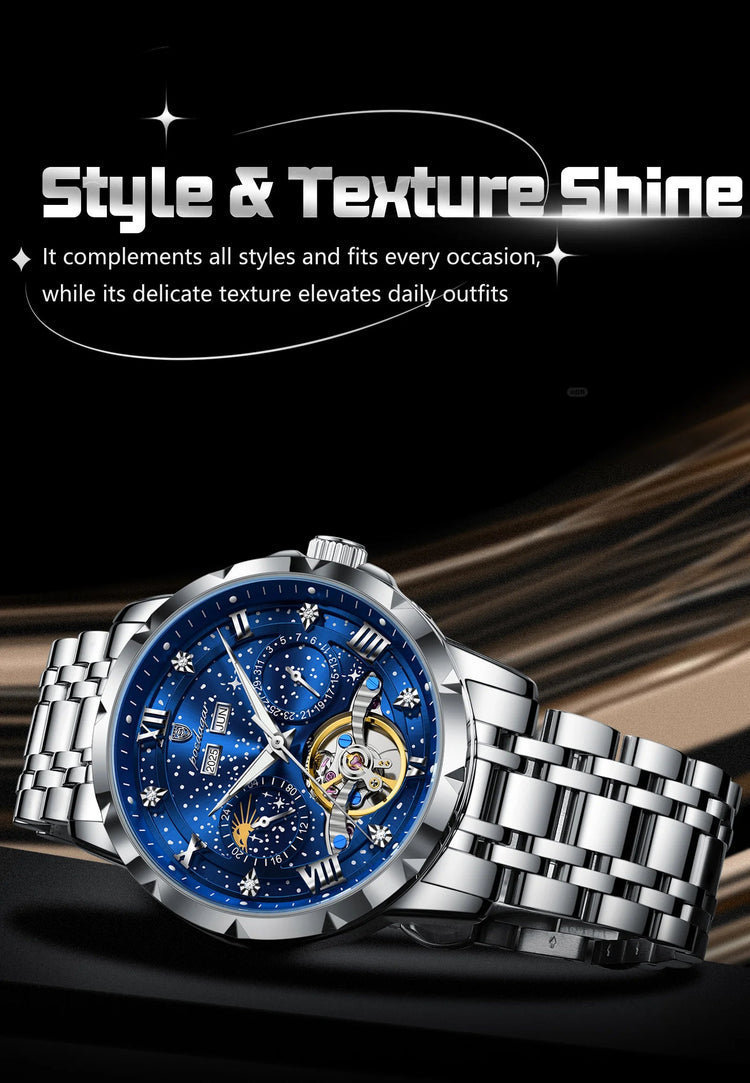 POEDAGAR Top Orologio da uomo originale Orologio meccanico automatico da uomo in acciaio inossidabile Calendario Hollow Tourbillon Orologio da uomo Maschio + scatola platinumshop