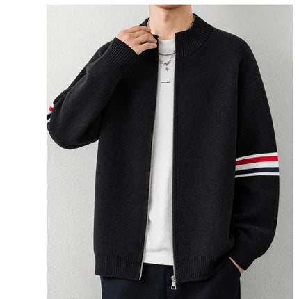 High End Men's Knitted Cardigan Autumn Winter Round Neck Zipper Casual Luxury Brand Classic Trendy Striped Korean Simple Sweater