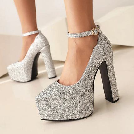 Ochanmeb Bling Bling Silver Gold Glitter Shoes Woman Ultra High Heels Platform Buckle Sequin Red Pumps Ladies Party Prom Wedding PlatiNum
