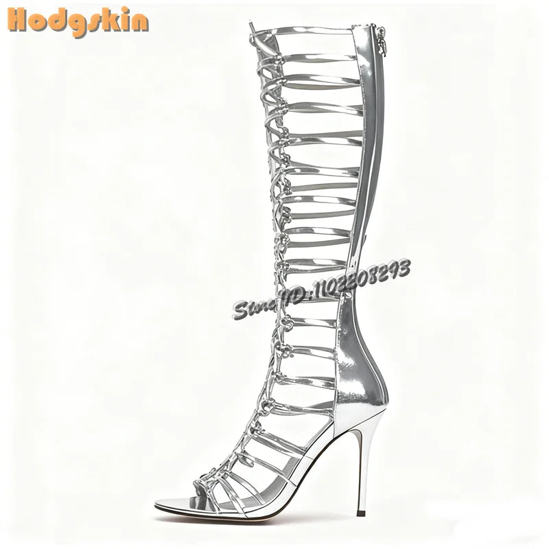 Retro Buckle Strap Roman Sandals Open Toe Back Zip Stiletto Knee-high Summer Boots 2026 New Fashion High Heeled Women Shoes
