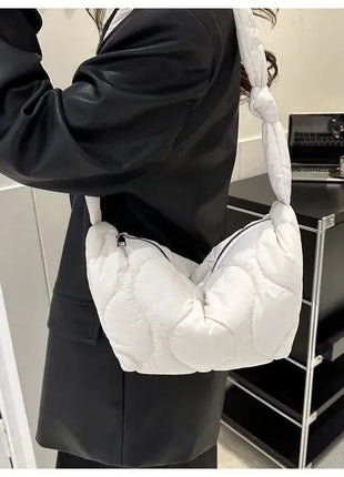 Puffer Shoulder Bag for Women Soft Down Cotton Padded Tote Handbag Purse Quilted Cross Body Bag Solid Color Bubbles Cloud Bag PlatiNum
