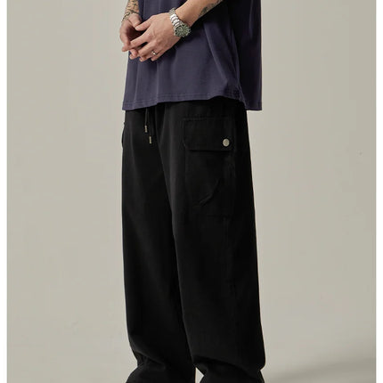 Men's Sweatpants 2025 Spring Autumn Vintage Japanese Wide Leg Straight Loose Button Big Pockets Cargo Pants Drawstring Trousers