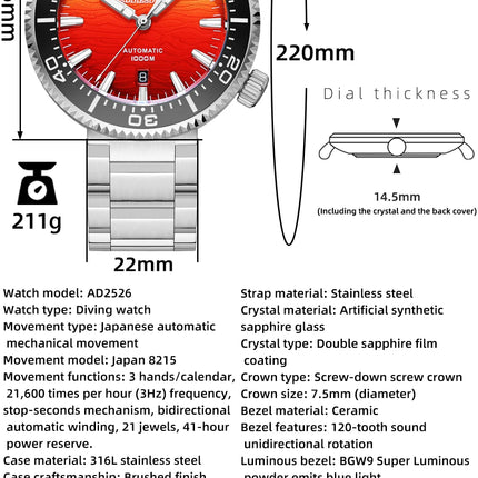 ADDIESDIVE 1000m Waterproof Diver Watches Sapphire Glass Automatic Mechanical Watches Super Luminous AD2526 Gradient Wristwatch