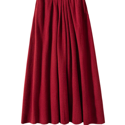 Women's Cashmere Umbrella Skirts Autumn Winter Basic Office Lady Classics 100% Cashmere Knitted A-Line High Waist Pockets Dress PlatiNum