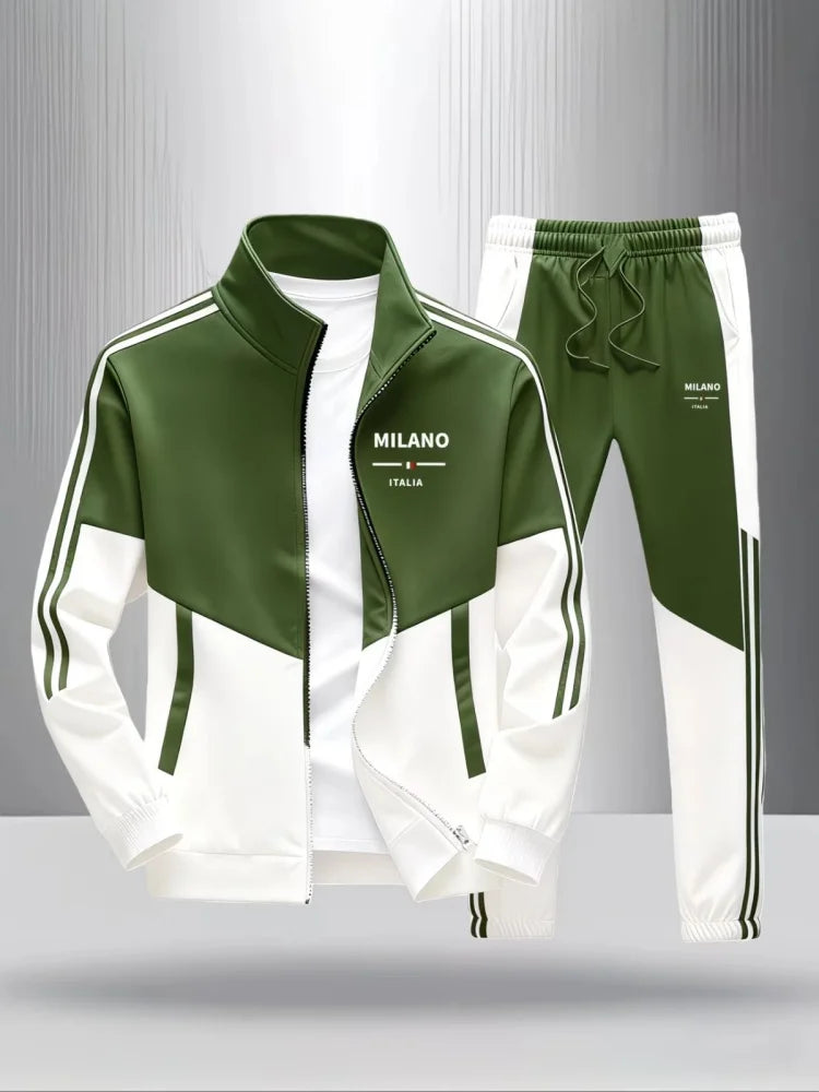 Men 2 Piece Tracksuit Fashion Milano Italia Print Stand Collar Full Zip Jacket Drawstring Jogger Suits Athletic Casual Outfit